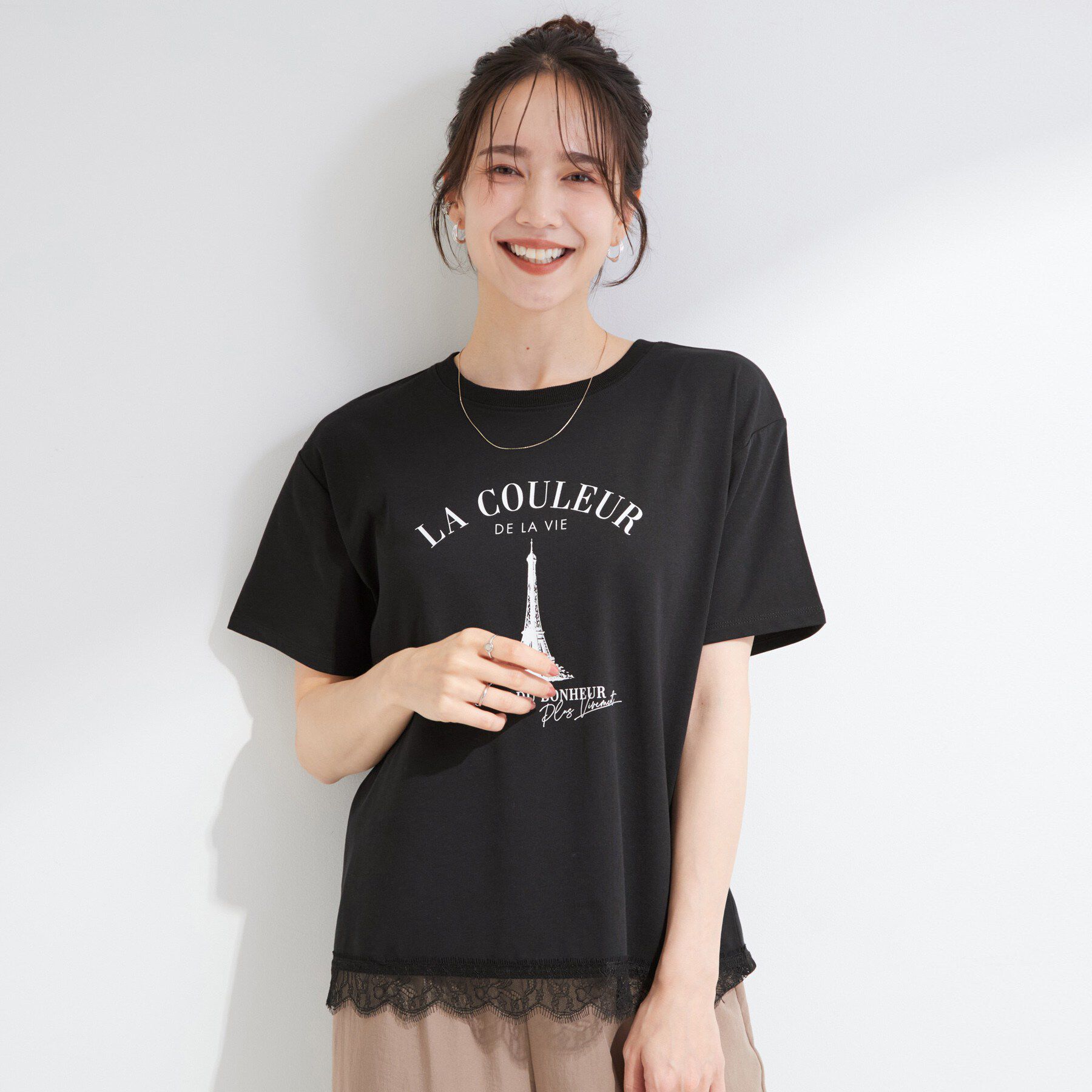 SHOO･LA･RUE「【ひんやり/UV/S-LL/洗濯機可】真夏に着たい裾レースが女性らしさをプラスする プリントアソート」|Tシャツ・カットソー|