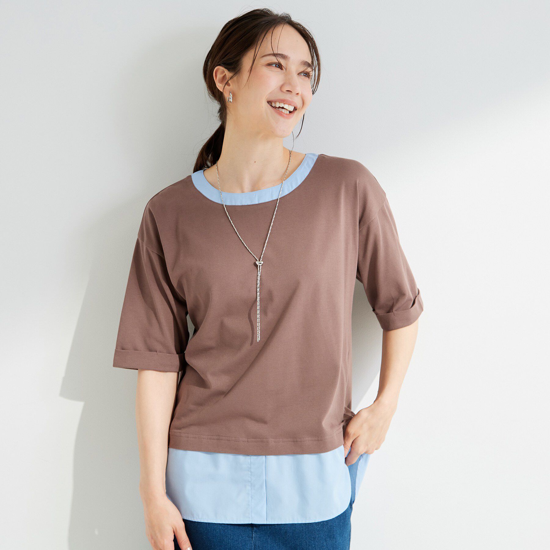 SHOO･LA･RUE「【インせず着られる/二の腕隠れる】重ね着風 シャツドッキングトップス」|Tシャツ・カットソー|
