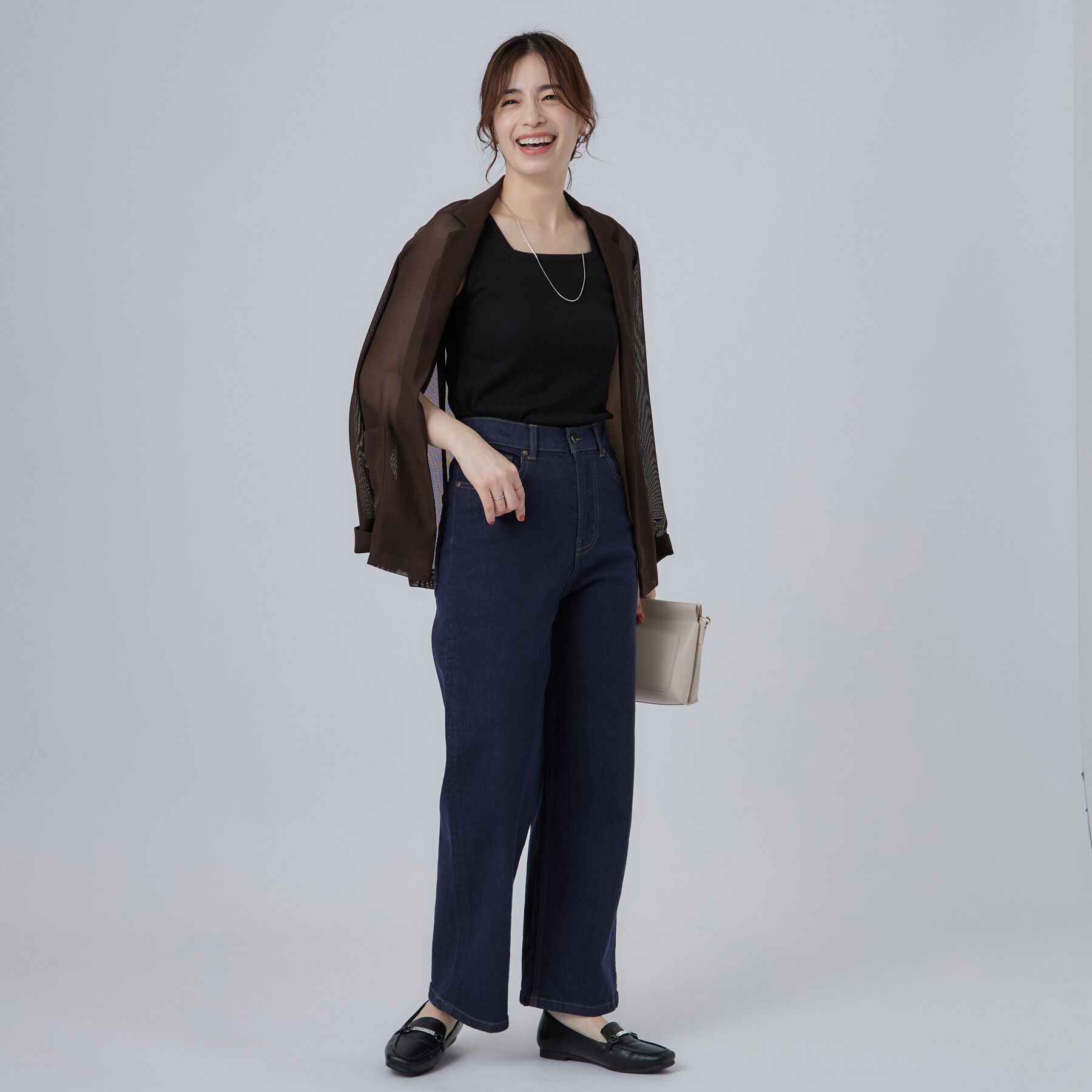 SHOO･LA･RUE「【S-LL/ストレッチ/色落ちしにくいネイビー】脚がまっすぐきれいに見える ワイドストレートデニムパ」|デニム|