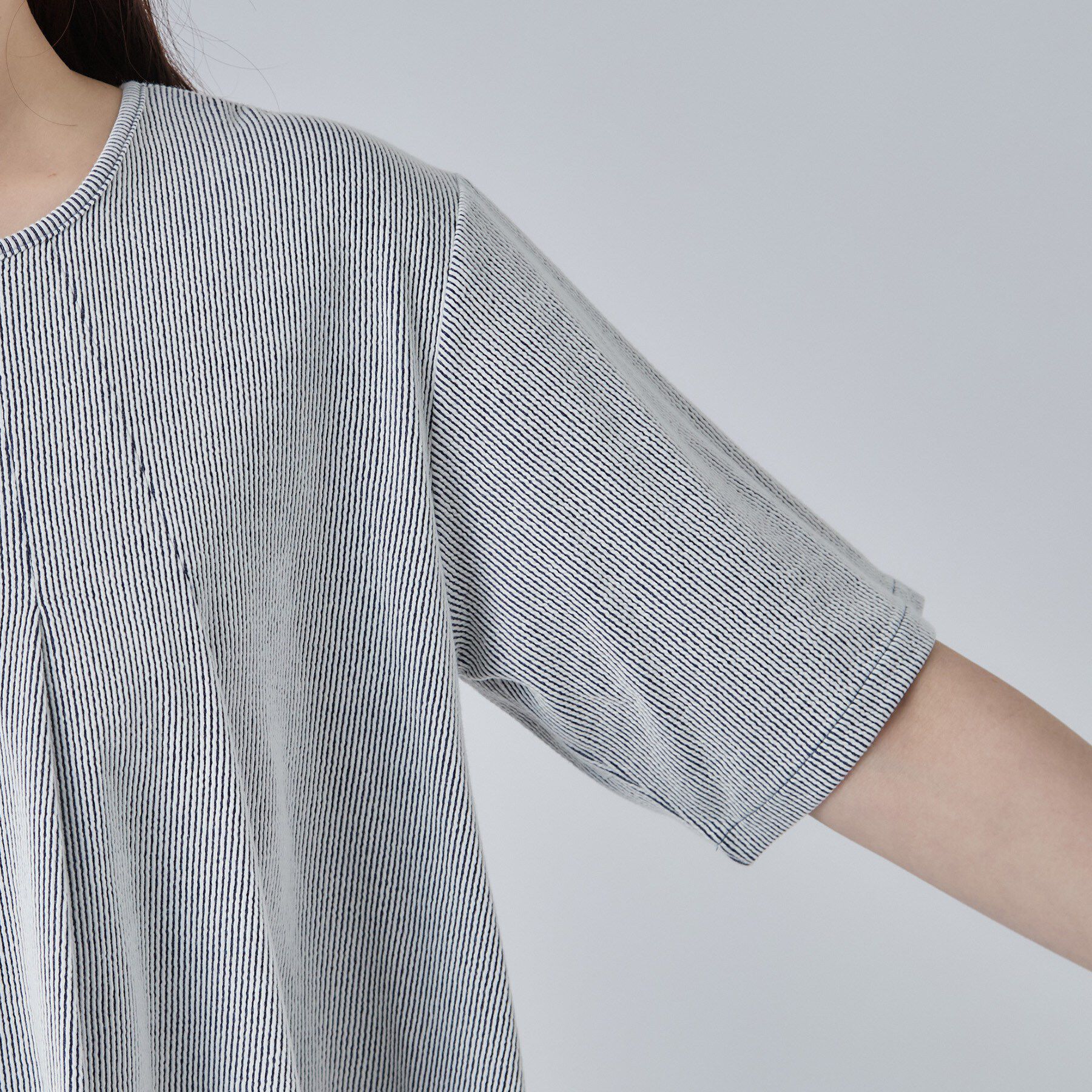 SHOO･LA･RUE「【洗濯機可/S-LL】インせずすっきり見え ストライプ柄タックトップス」|Tシャツ・カットソー|