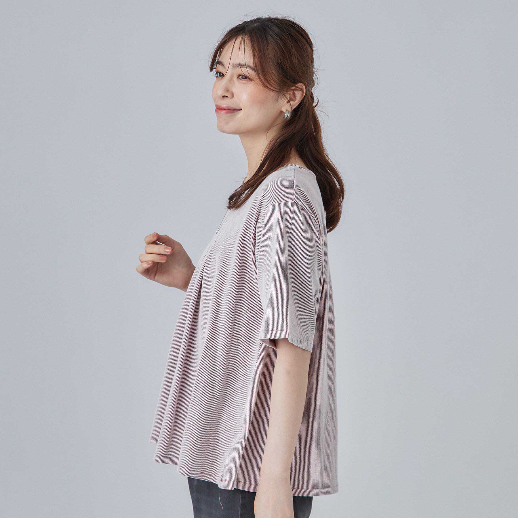 SHOO･LA･RUE「【洗濯機可/S-LL】インせずすっきり見え ストライプ柄タックトップス」|Tシャツ・カットソー|