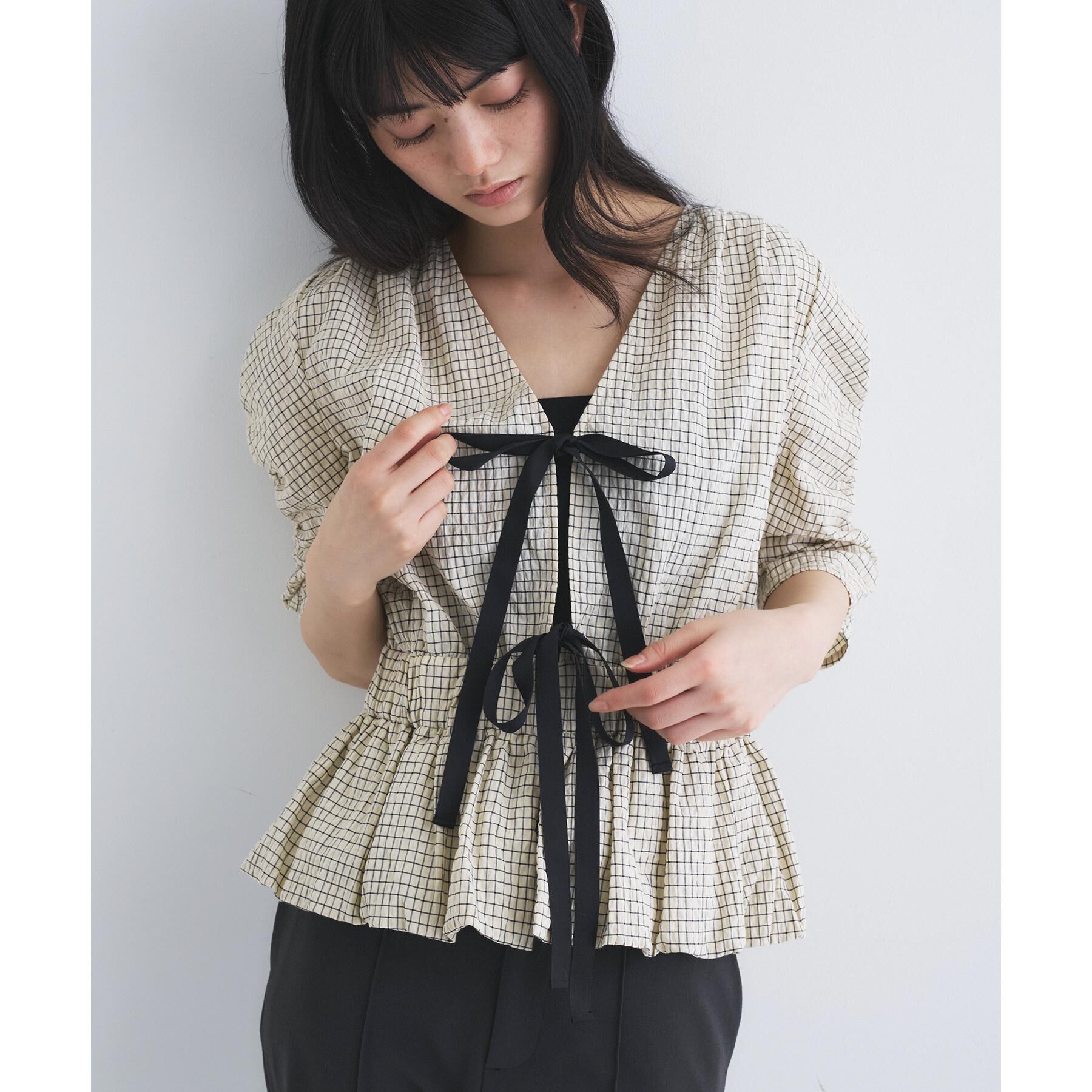 CODE A「front ribbon peplum blouse」|シャツ・ブラウス|アイボリー(004)
