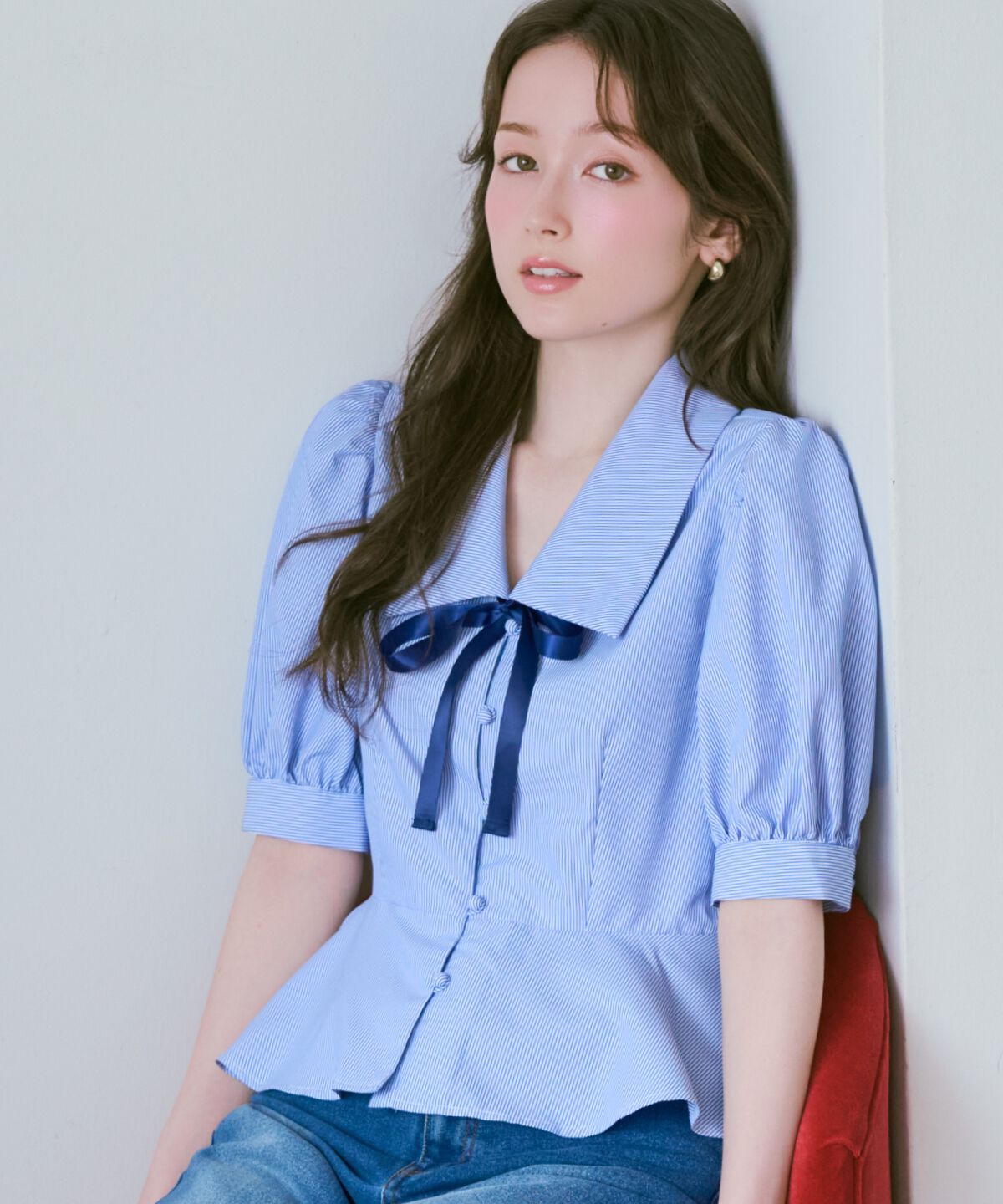WILLSELECTION「パフスリーブペプラムブラウス」|シャツ・ブラウス|Navy/borderｽﾄﾗｲﾌﾟ