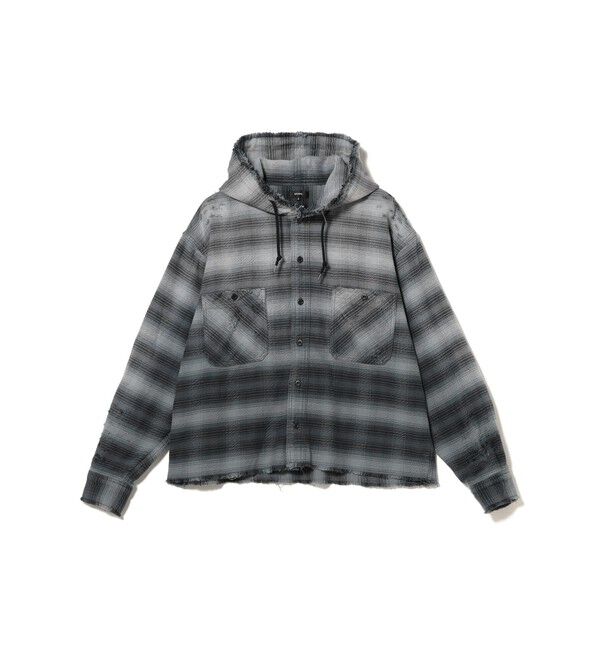 BEAMS「ダメージ フード チェック シャツ【ワイドショートフィット】」|シャツ・ブラウス|BLACK