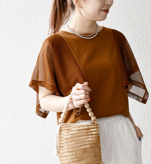 SHIPS any「SHIPS any:〈手洗い可能〉メッシュ シアー ハンカチ スリーブ ドッキング TEE」|Tシャツ・カットソー|キャメル