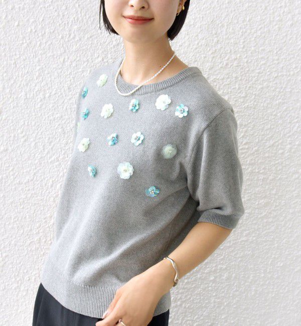 SHIPS for women「〈手洗い可能〉フラワー ビジュー ショート スリーブ ニット プルオーバー」|ニット・セーター|
