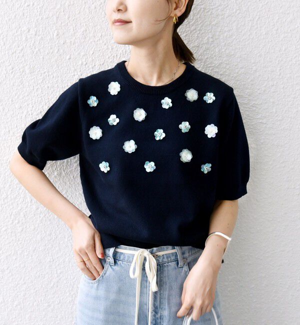 SHIPS for women「〈手洗い可能〉フラワー ビジュー ショート スリーブ ニット プルオーバー」|ニット・セーター|ネイビー