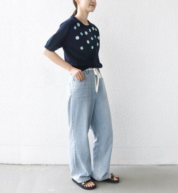 SHIPS for women「〈手洗い可能〉フラワー ビジュー ショート スリーブ ニット プルオーバー」|ニット・セーター|