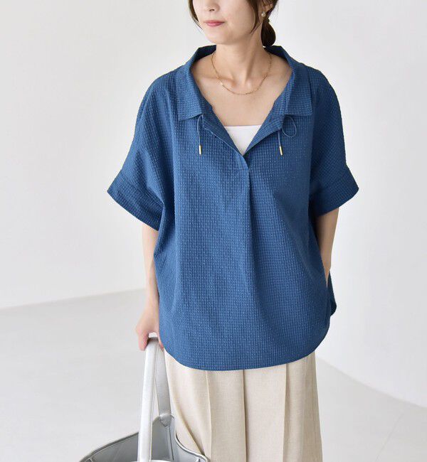 quaranciel「quaranciel:〈手洗い可能〉サッカー ドロストカラー スキッパー シャツ ブラウス」|シャツ・ブラウス|