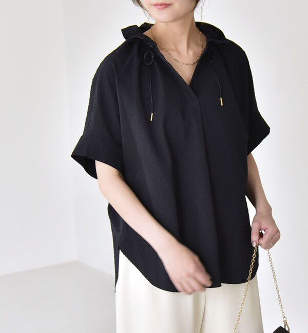 quaranciel「quaranciel:〈手洗い可能〉サッカー ドロストカラー スキッパー シャツ ブラウス」|シャツ・ブラウス|