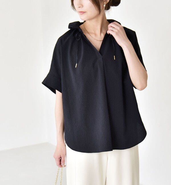 quaranciel「quaranciel:〈手洗い可能〉サッカー ドロストカラー スキッパー シャツ ブラウス」|シャツ・ブラウス|