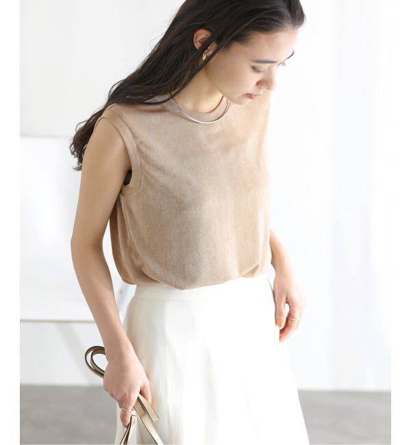 「【洗える】シャイニーノースリーブトップス」|Tシャツ・カットソー|ベージュ