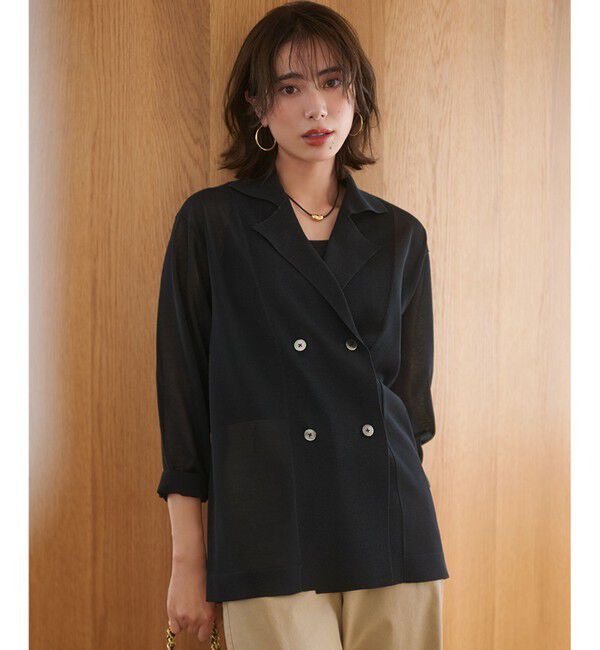 23区「【洗える】シアー ダブルブレスト ニット ジャケット」|テーラードジャケット|ブラック系