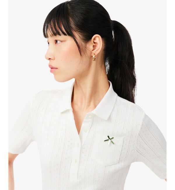 LACOSTE「レース調 リボン付き ポインテルニット 半袖ポロシャツ」|ポロシャツ|