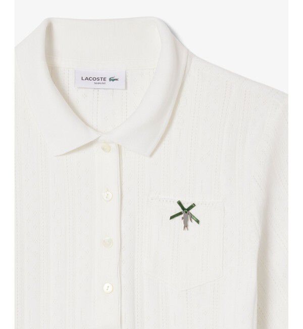 LACOSTE「レース調 リボン付き ポインテルニット 半袖ポロシャツ」|ポロシャツ|