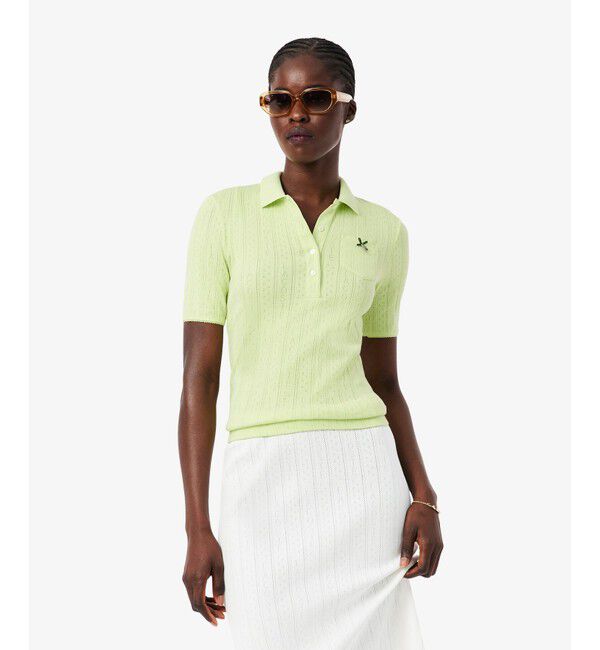LACOSTE「レース調 リボン付き ポインテルニット 半袖ポロシャツ」|ポロシャツ|ライトグリーン