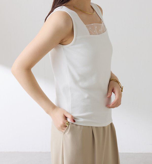  「【万能インナー】 シアー切り替えスクエアタンクトップ」|Tシャツ・カットソー|