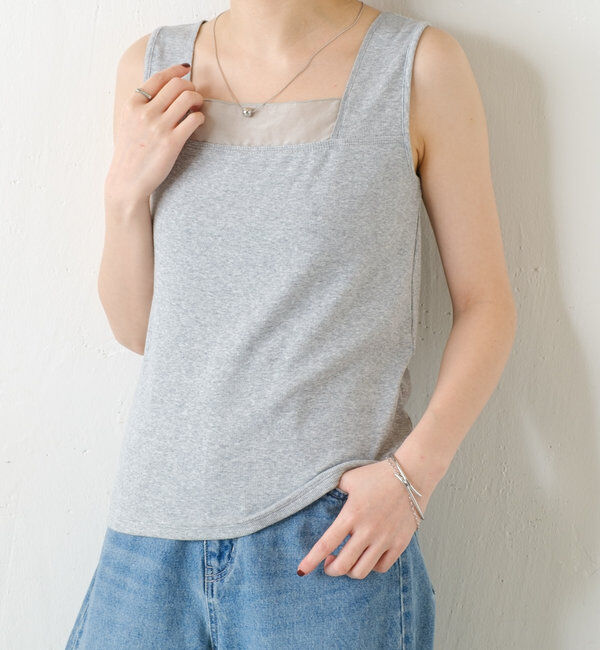  「【万能インナー】 シアー切り替えスクエアタンクトップ」|Tシャツ・カットソー|ライトグレー