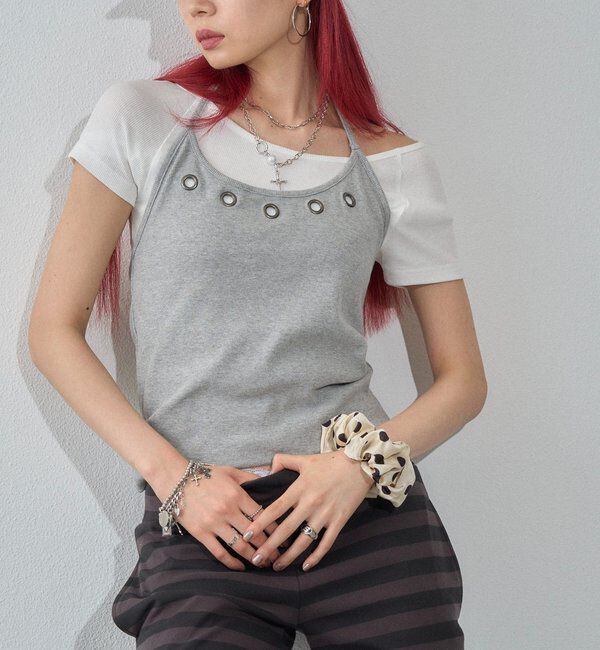 「ハトメホルターレイヤード半袖トップス（ドット/無地）」|Tシャツ・カットソー|グレー
