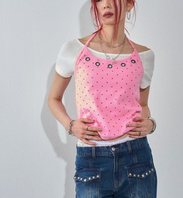  「ハトメホルターレイヤード半袖トップス（ドット/無地）」|Tシャツ・カットソー|
