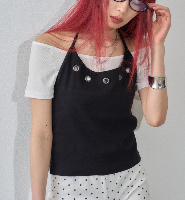 「ハトメホルターレイヤード半袖トップス（ドット/無地）」|Tシャツ・カットソー|ブラック