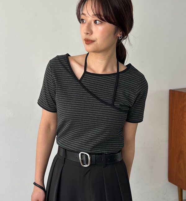  「【前後2WAY】アシメレイヤードボーダーT」|Tシャツ・カットソー|チャコールグレー