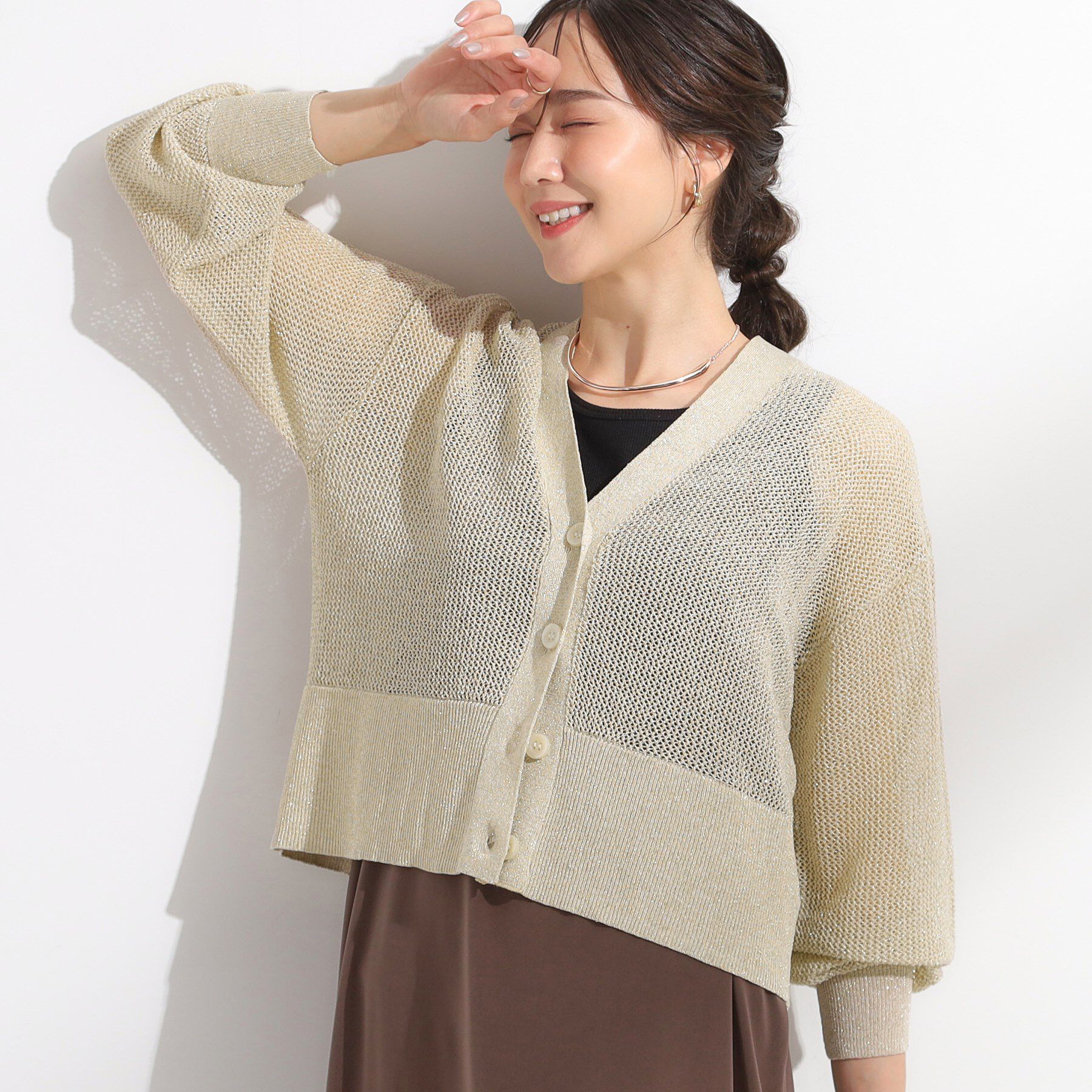 SHOO･LA･RUE「キラッと光るラメとスパンコールが印象的 メッシュカーディガン」|カーディガン|ライトベージュ(05
