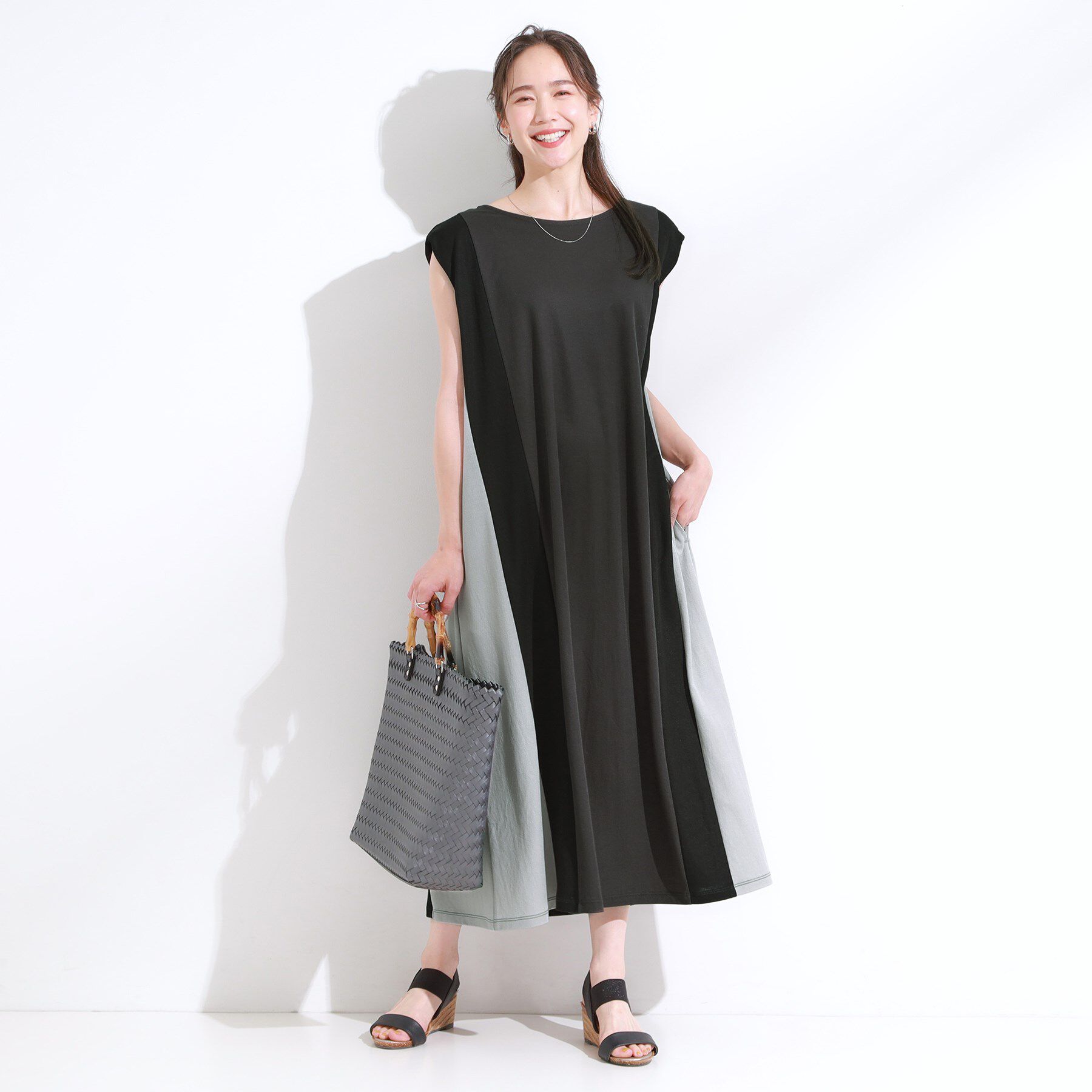 SHOO･LA･RUE「【S-LL/ひんやり】全身すっきり見えが楽に叶う サイド切替 バイカラーAラインワンピース」|ワンピース|