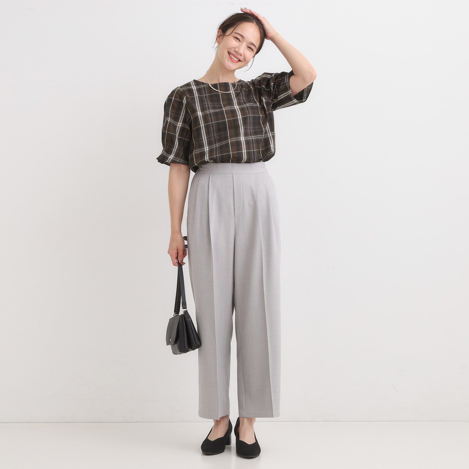 SHOO･LA･RUE「【S-LL/5分袖】お袖タックできれいに魅せる 大人のチェックブラウス」|シャツ・ブラウス|
