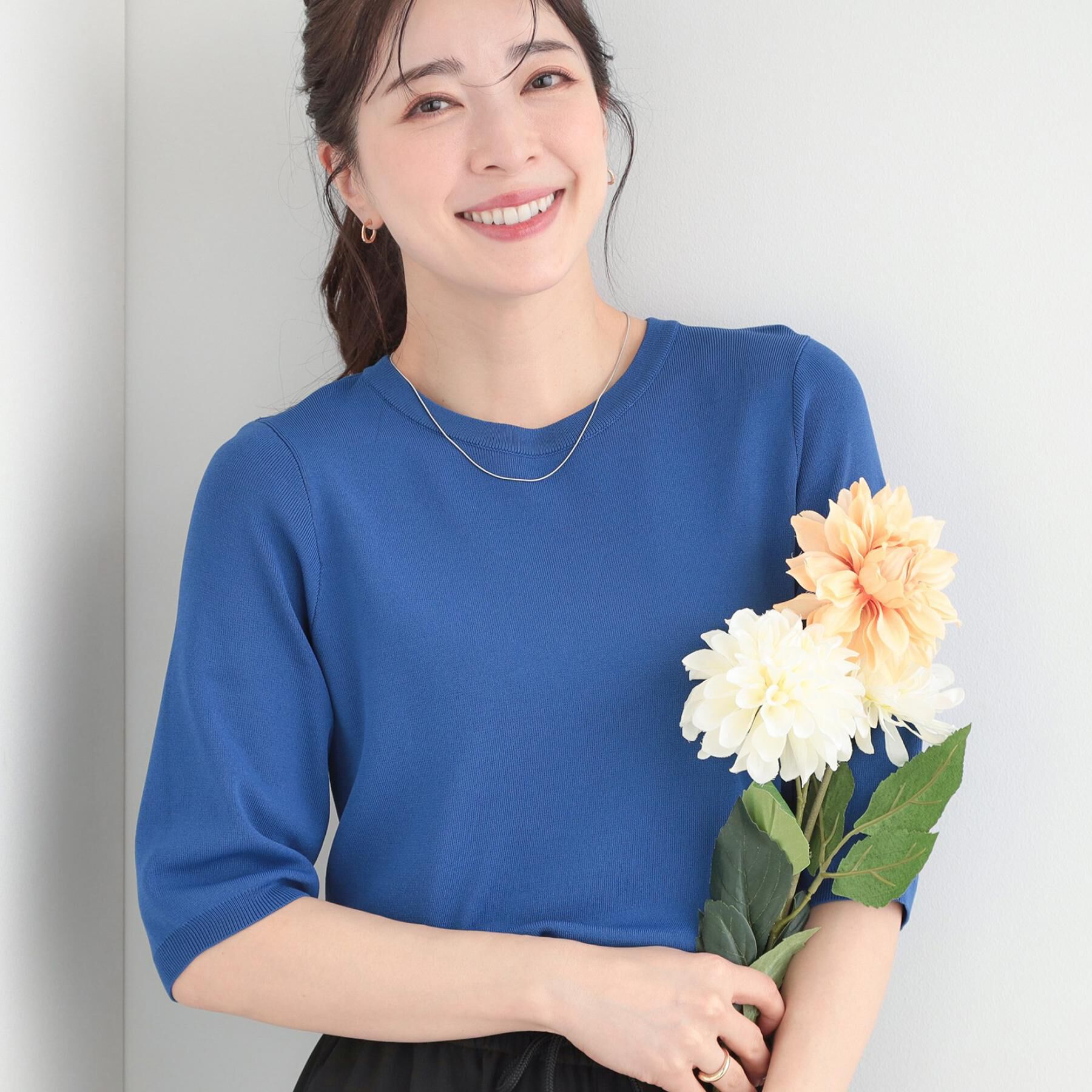 SHOO･LA･RUE「【毎日洗える/S-LL/ひんやり/UV】上半身すっきり 二の腕見せない5分袖ニット」|ニット・セーター|ブルー(093)