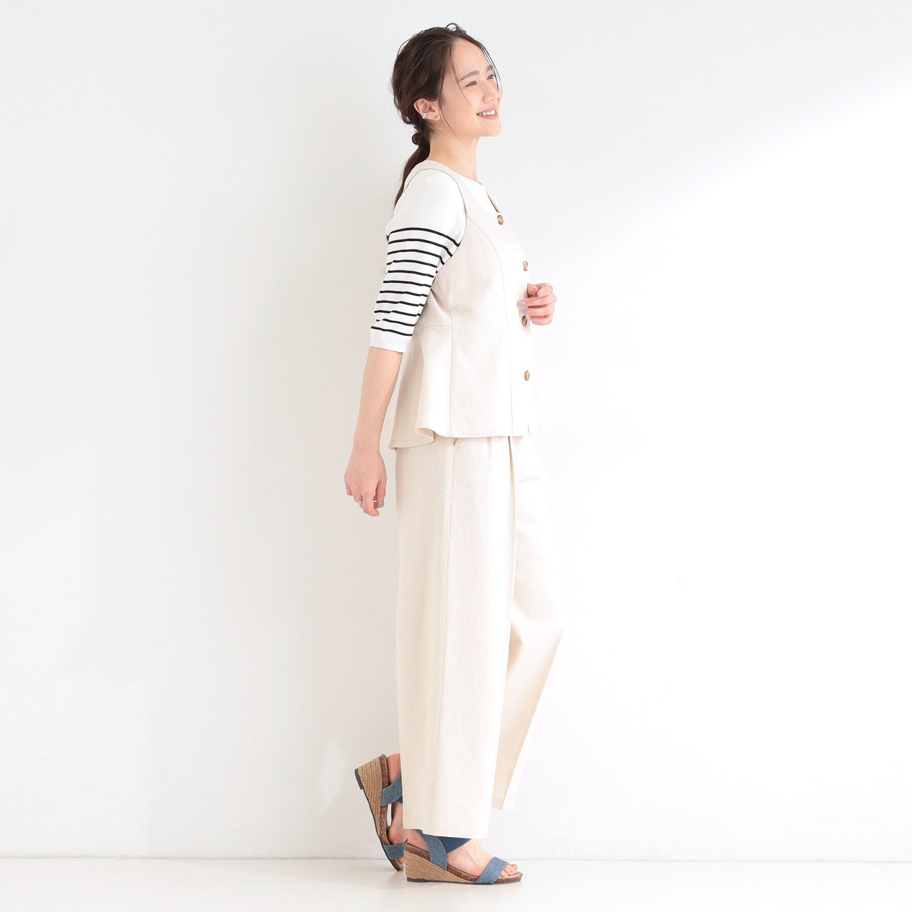 SHOO･LA･RUE「【2点セット/S-LL】迷わず着られる 麻調ビスチェ＋ワイドパンツセット」|スーツ|