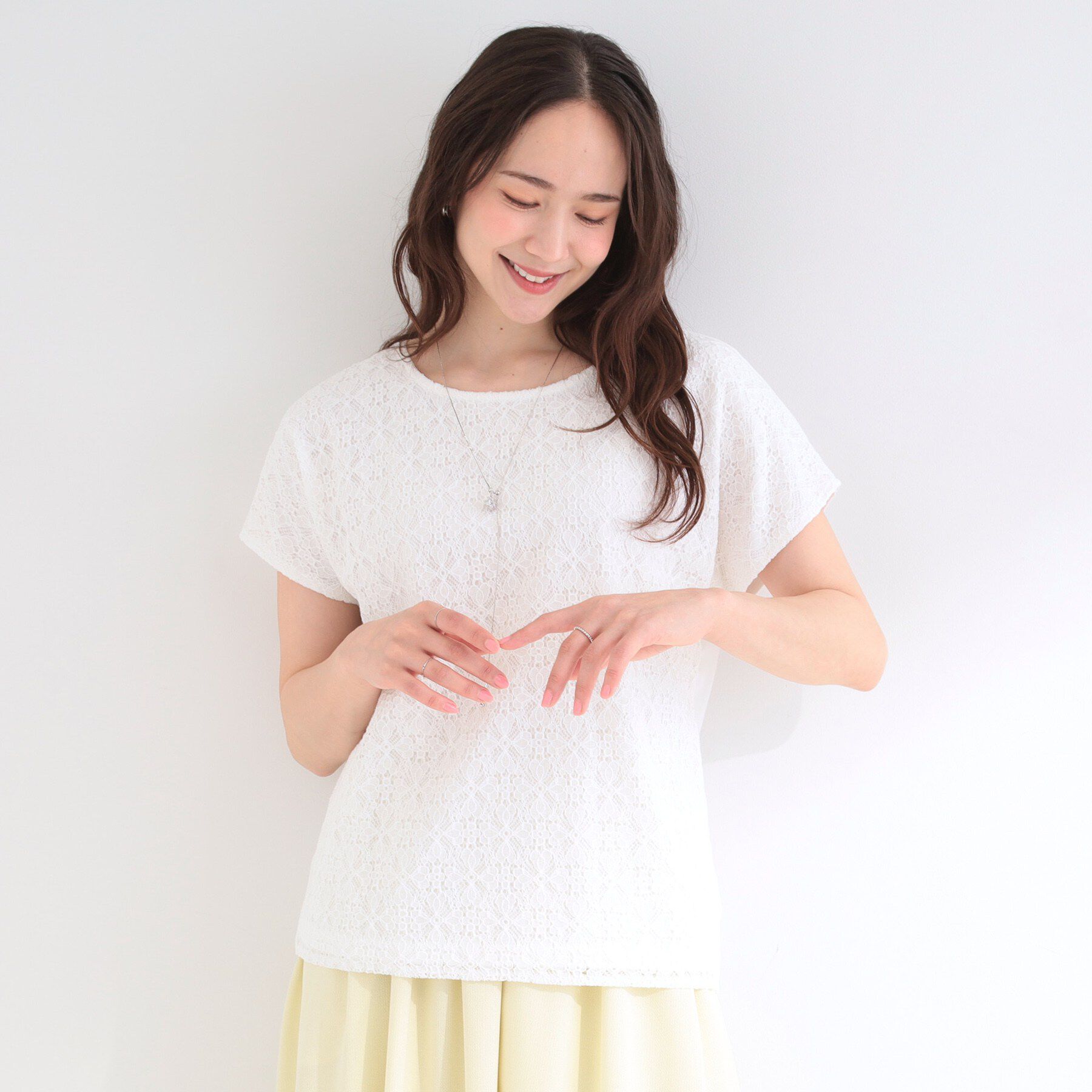 SHOO･LA･RUE「【ひんやり/UV】レース切替で華やかに 大人の選ぶ上品Tシャツ」|Tシャツ・カットソー|