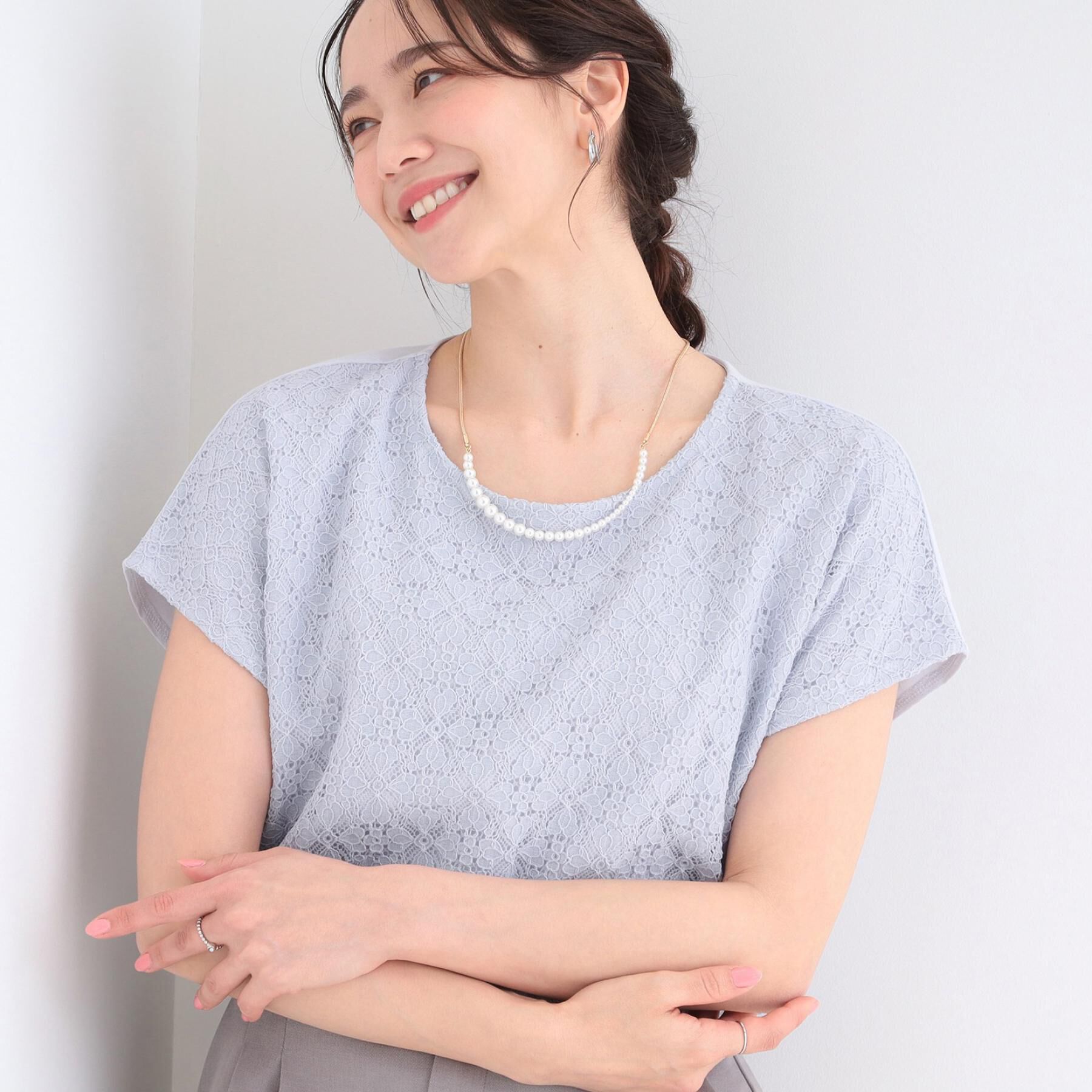 SHOO･LA･RUE「【ひんやり/UV】レース切替で華やかに 大人の選ぶ上品Tシャツ」|Tシャツ・カットソー|ブルー(091)