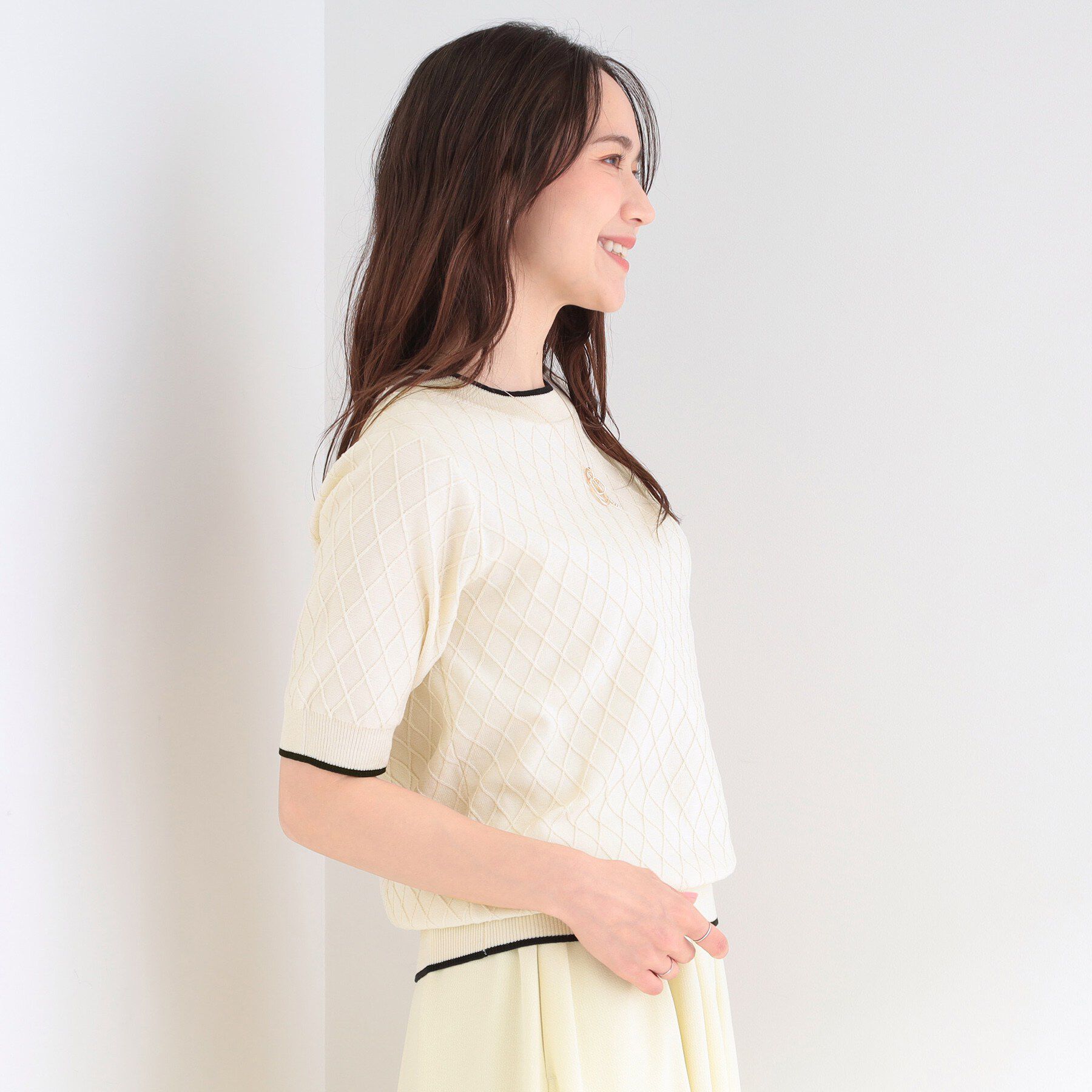 SHOO･LA･RUE「【洗濯機可/S-LL】大人上品なダイヤ編み柄 配色半袖ニット」|ニット・セーター|