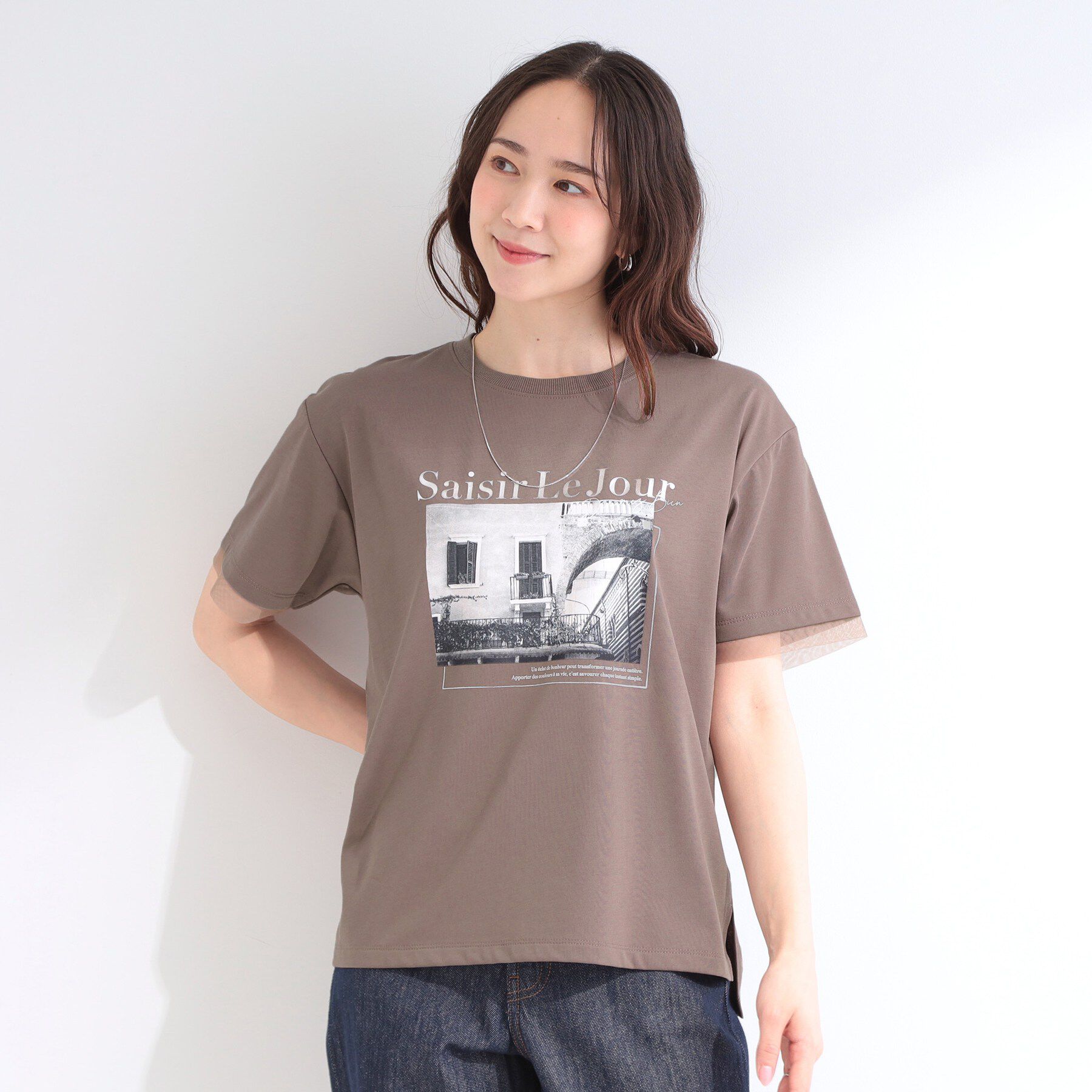 SHOO･LA･RUE「【ひんやり/S-LL/洗濯機可】色・柄選べる お袖チュールレイヤード プリントアソートTシャツ」|Tシャツ・カットソー|
