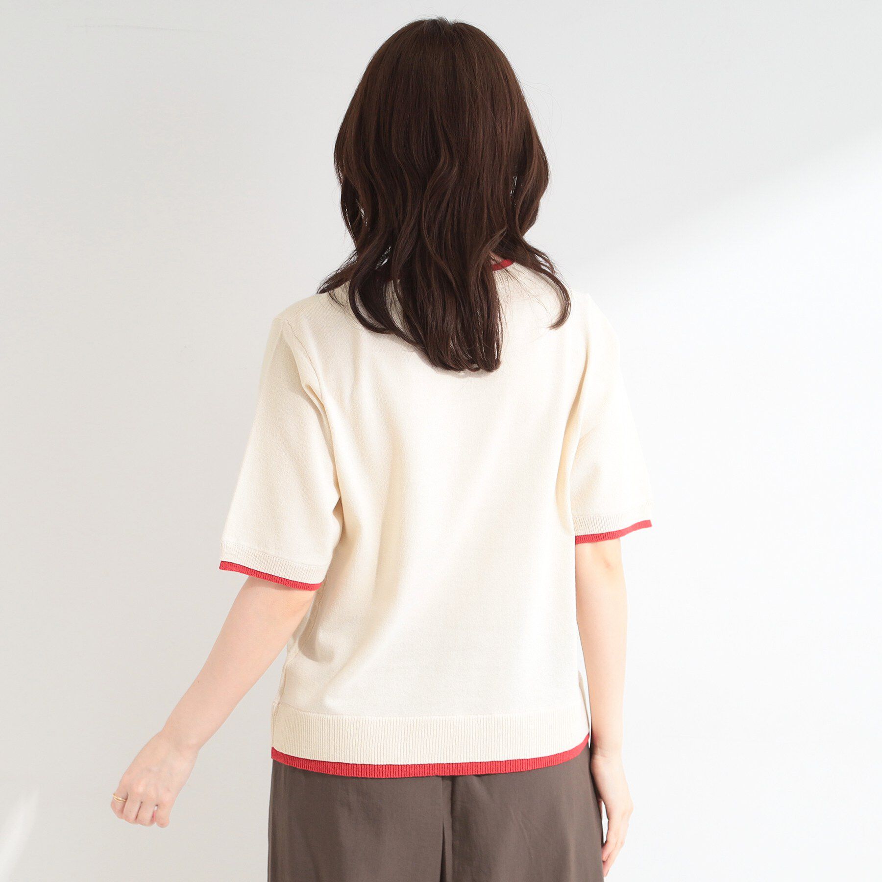 SHOO･LA･RUE「【二の腕隠れる/コットン混】配色使いで差がつく 洗える五分袖ニット」|ニット・セーター|