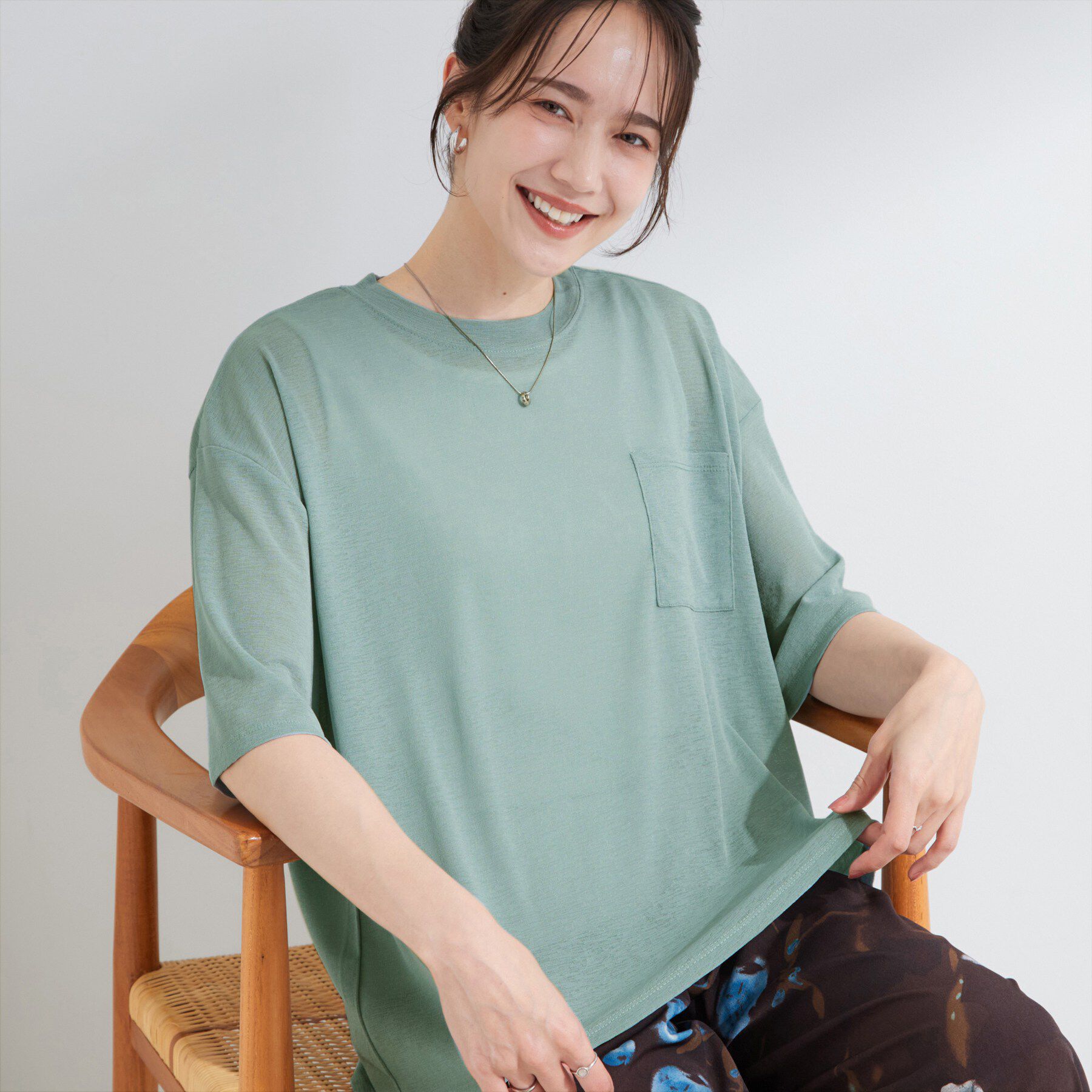 SHOO･LA･RUE「【S-LL/洗濯機可/体型カバー】ゆるっとこなれる 大人のシアースラブTシャツ」|Tシャツ・カットソー|ミントグリーン(02