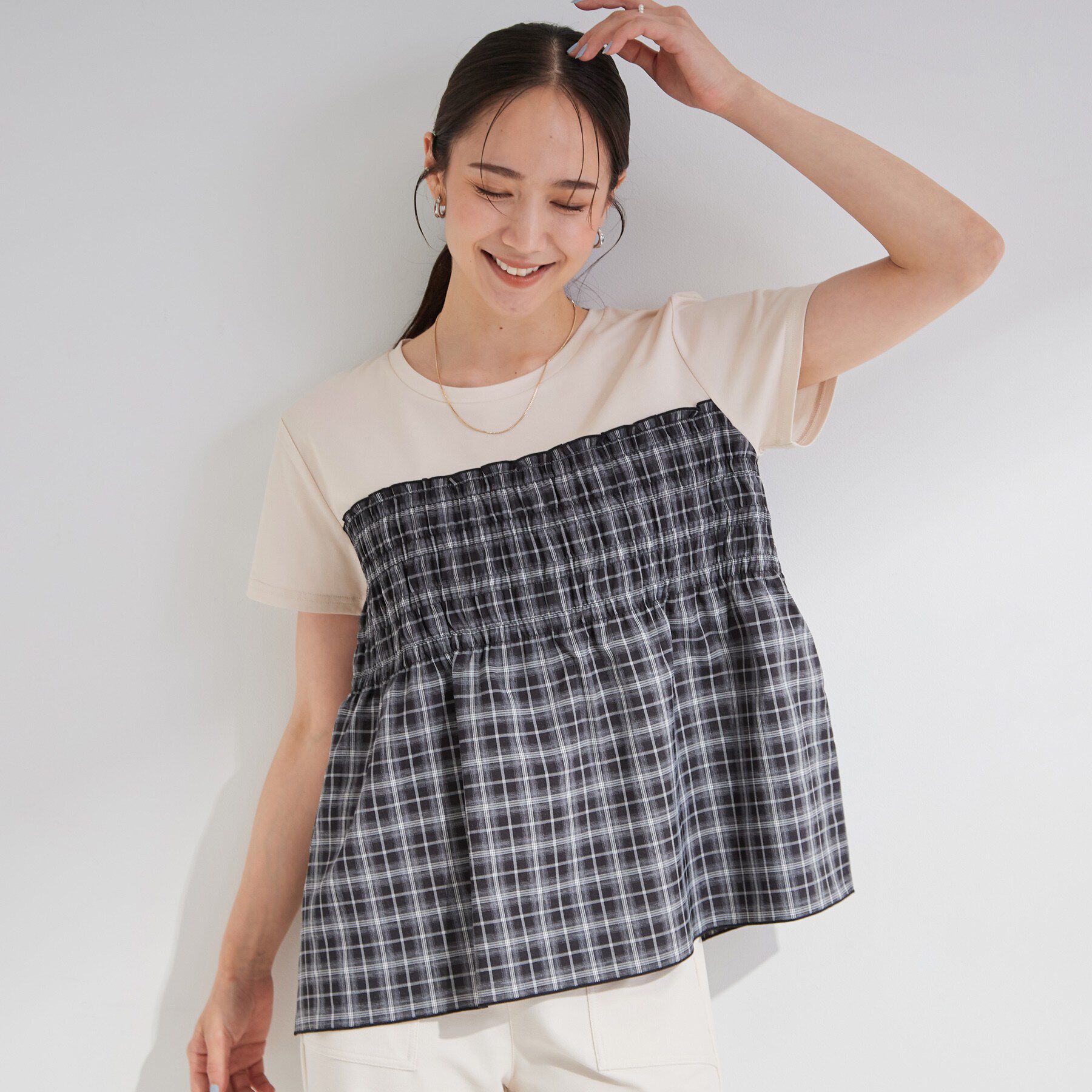 SHOO･LA･RUE「【S-LL/洗濯機可/体型カバー】インせずサマ見え ビスチェ風異素材ドッキングTシャツ」|Tシャツ・カットソー|