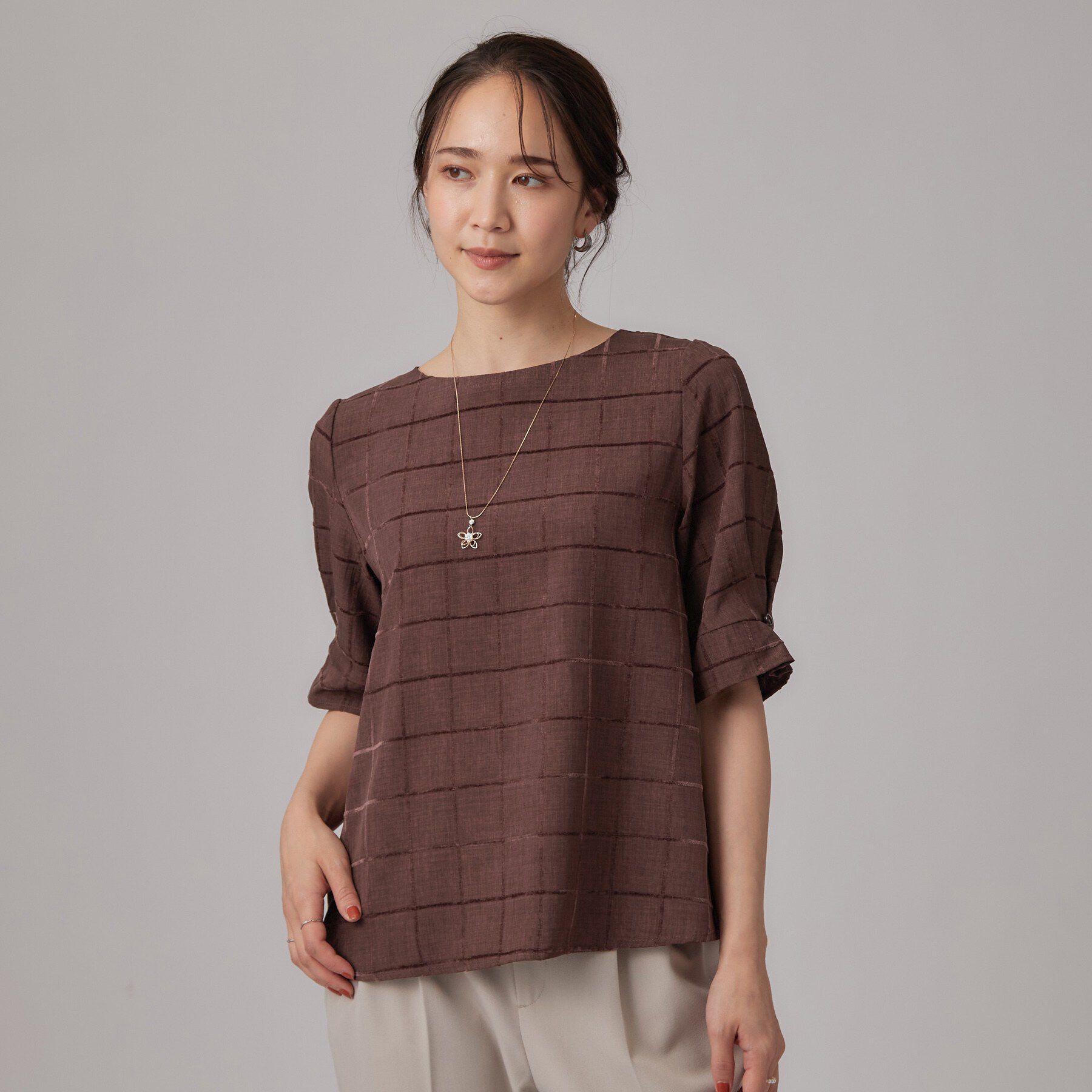 SHOO･LA･RUE「【セットアップ可/S-LL】モールチェックで上品に タックスリーブ ブラウス」|シャツ・ブラウス|