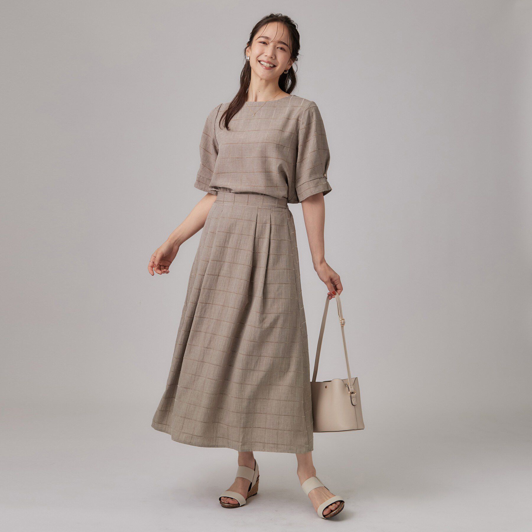 SHOO･LA･RUE「【セットアップ可/S-LL】モールチェックで上品に タックスリーブ ブラウス」|シャツ・ブラウス|