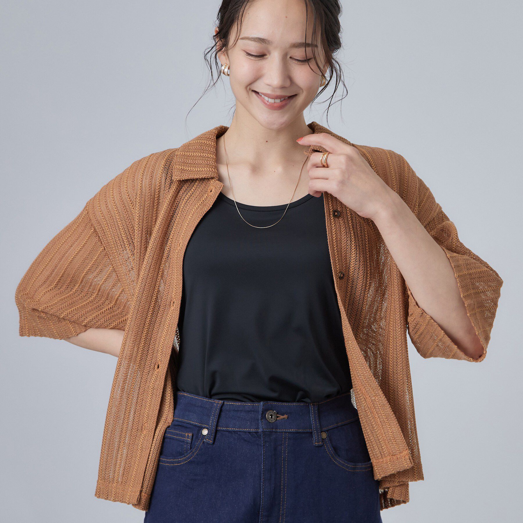 SHOO･LA･RUE「【洗濯機可/S-LL】軽やかで涼しげな 透かしレース風前開きシャツ」|シャツ・ブラウス|キャメルブラウン(0