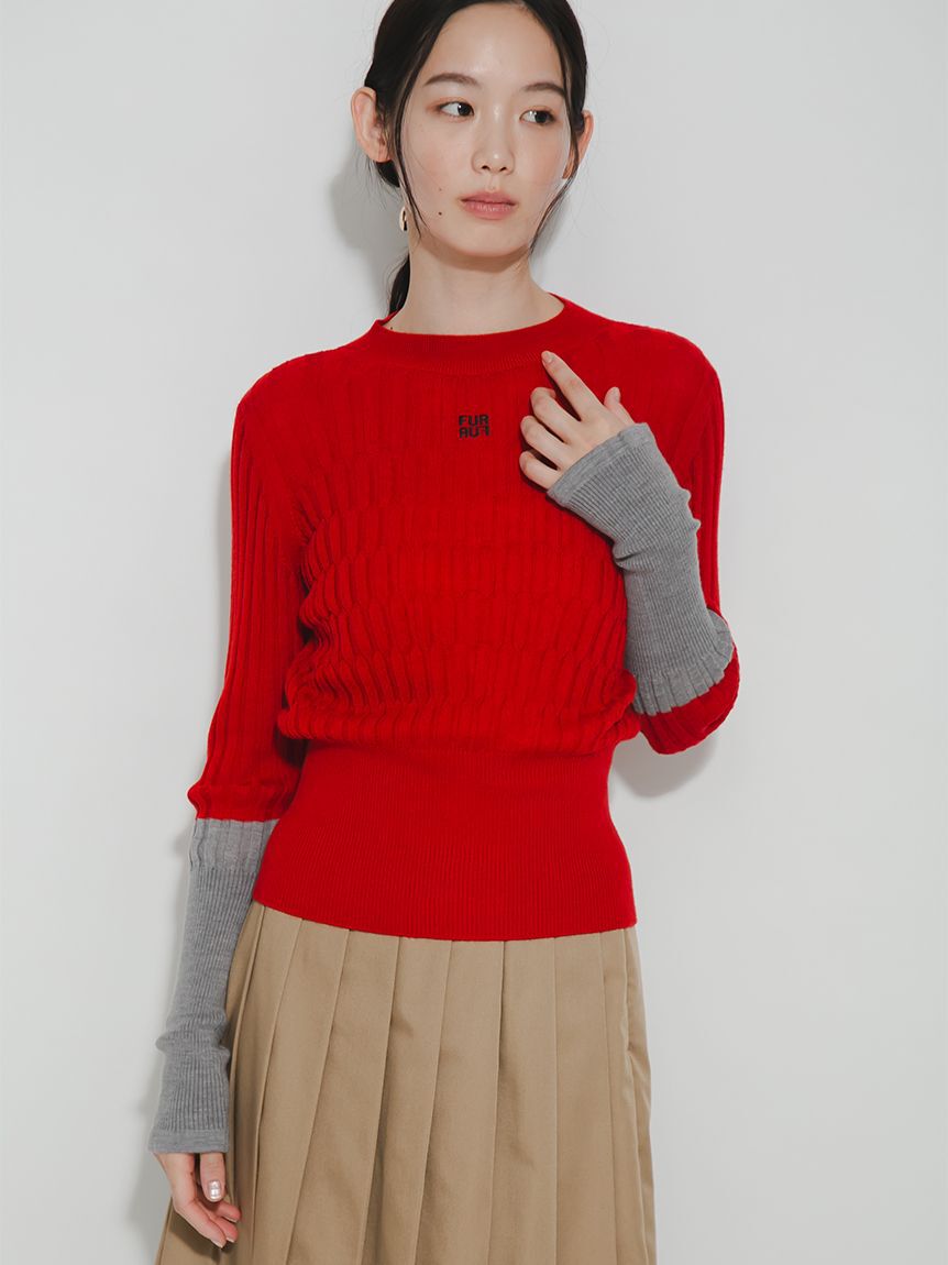 FURFUR「〈マシンウォッシャブル〉ロゴ刺繍バイカラーリブニット」|ニット・セーター|RED