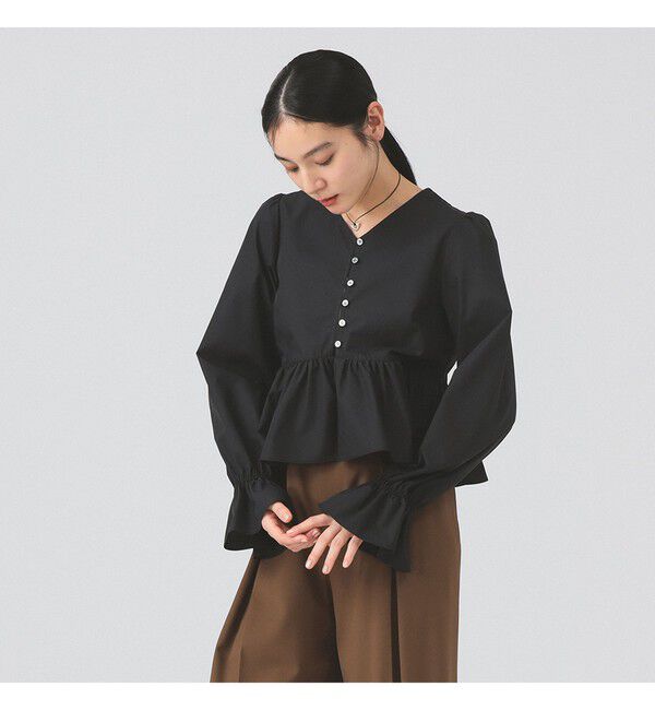 Ray BEAMS 「ギャザー ペプラム Vネック ブラウス　　26SS 日除け 裾フレア 冷房対策  春夏」|シャツ・ブラウス|BLACK