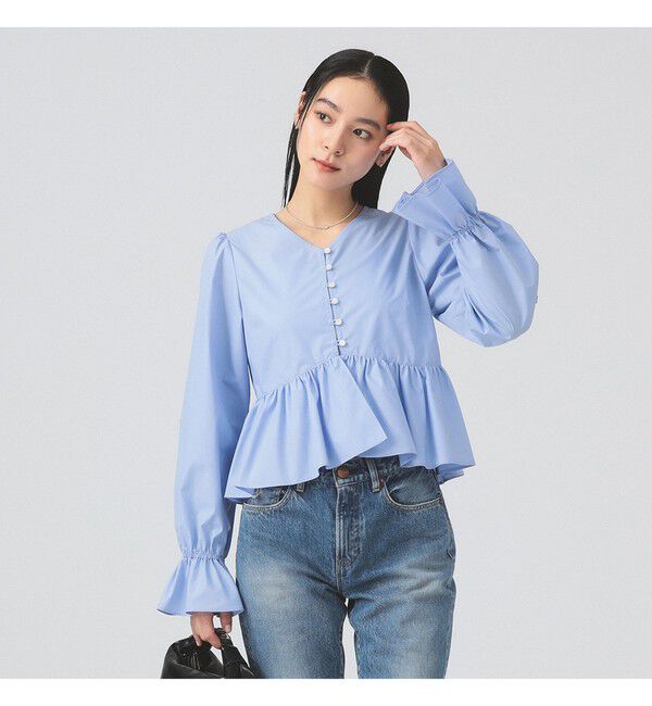 Ray BEAMS 「ギャザー ペプラム Vネック ブラウス　　26SS 日除け 裾フレア 冷房対策  春夏」|シャツ・ブラウス|BLUE