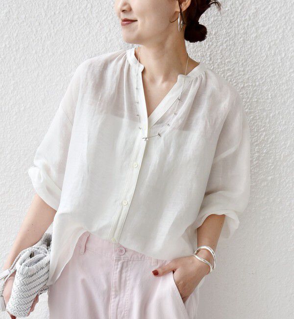 SHIPS for women「〈手洗い可能〉IMPERIAL LINEN 混 バンドカラー スキッパー シャツ」|シャツ・ブラウス|オフホワイト