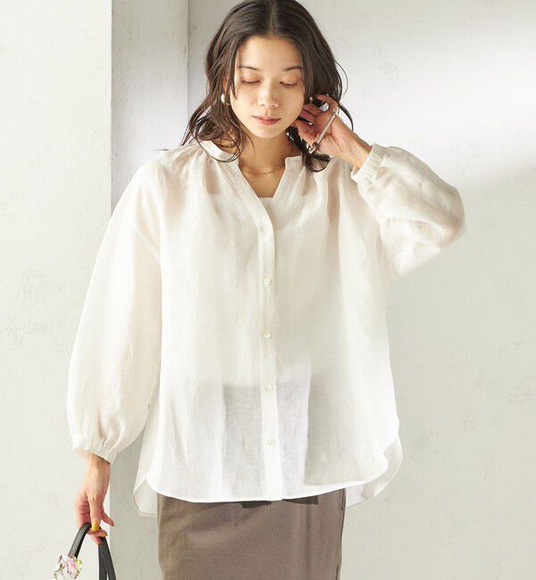 SHIPS for women「〈手洗い可能〉IMPERIAL LINEN 混 バンドカラー スキッパー シャツ」|シャツ・ブラウス|