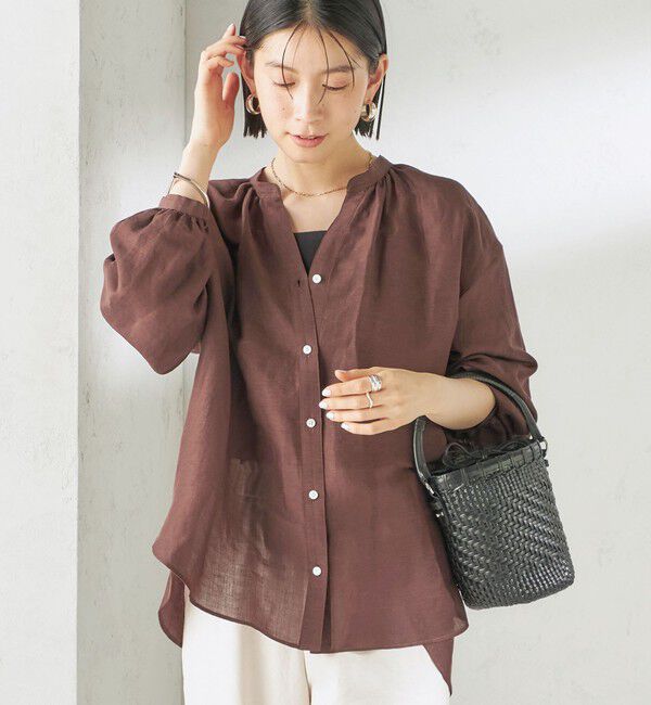 SHIPS for women「〈手洗い可能〉IMPERIAL LINEN 混 バンドカラー スキッパー シャツ」|シャツ・ブラウス|ブラウン