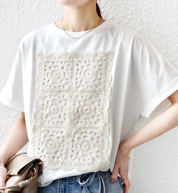 SHIPS for women「【WEB限定】〈汗染み防止/手洗い可能〉クロシェ レース ドッキング ショート スリーブ TEE」|Tシャツ・カットソー|