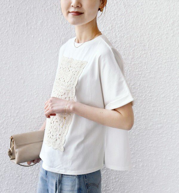SHIPS for women「【WEB限定】〈汗染み防止/手洗い可能〉クロシェ レース ドッキング ショート スリーブ TEE」|Tシャツ・カットソー|