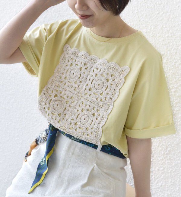 SHIPS for women「【WEB限定】〈汗染み防止/手洗い可能〉クロシェ レース ドッキング ショート スリーブ TEE」|Tシャツ・カットソー|